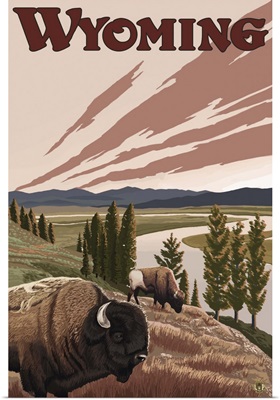 Wyoming - Yellowstone River Bison: Retro Travel Poster