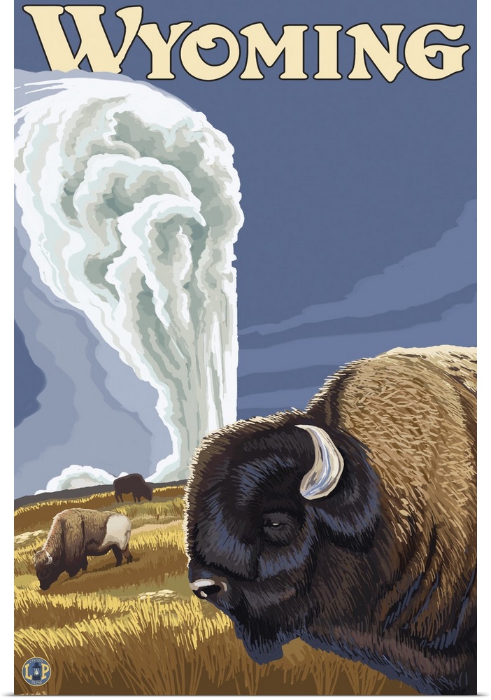 Yellowstone - Buffalo at Old Faithful: Retro Travel Poster