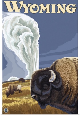Yellowstone - Buffalo at Old Faithful: Retro Travel Poster