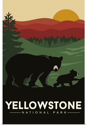 Yellowstone National Park, Bear And Cub Sunset: Graphic Travel Poster