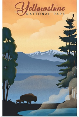 Yellowstone National Park, Bison And Calf Silhouette: Retro Travel Poster
