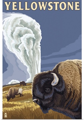 Yellowstone National Park - Bison and Old Faithful: Retro Travel Poster