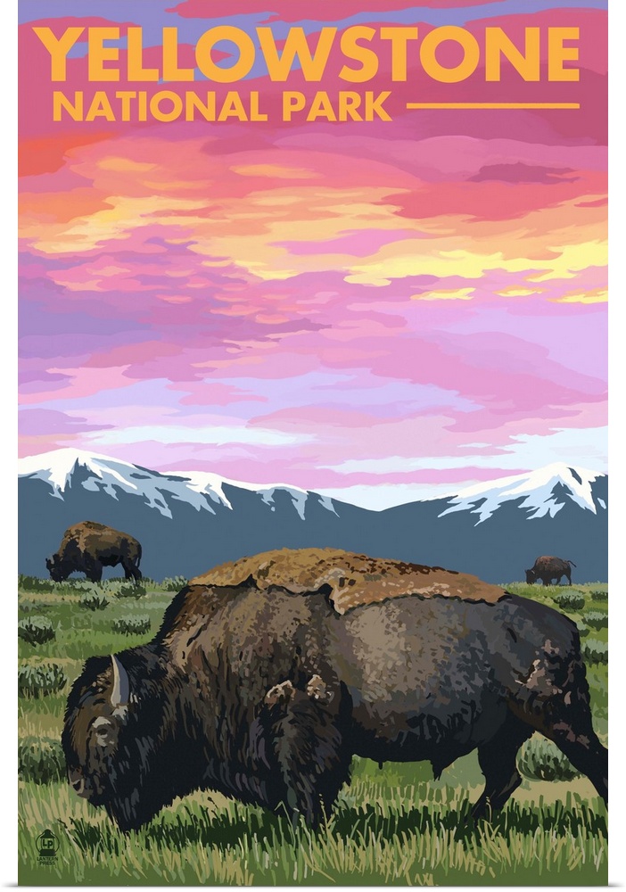 Yellowstone National Park - Bison and Sunset: Retro Travel Poster