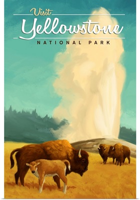 Yellowstone National Park, Bisons And Geyser: Retro Travel Poster
