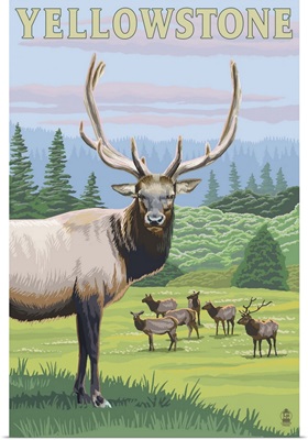 Yellowstone National Park - Elk Herd: Retro Travel Poster