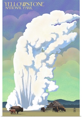Yellowstone National Park, Geyser And Bison: Retro Travel Poster