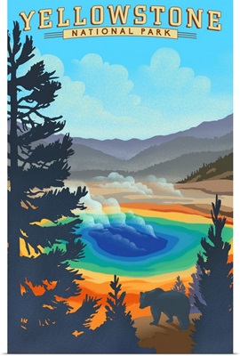 Yellowstone National Park, Grand Prismatic Spring: Retro Travel Poster