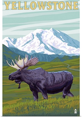 Yellowstone National Park - Moose and Mountain: Retro Travel Poster