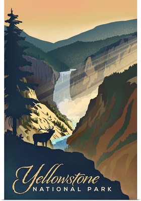 Yellowstone National Park, Moose Call And Waterfall: Retro Travel Poster