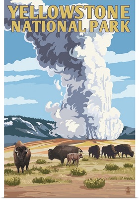 Yellowstone National Park - Old Faithful Geyser and Bison Herd: Retro Travel Poster