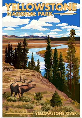 Yellowstone National Park - Yellowstone River and Elk: Retro Travel Poster