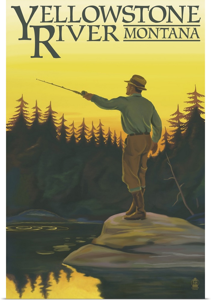 Retro stylized art poster of fisherman casting his line.