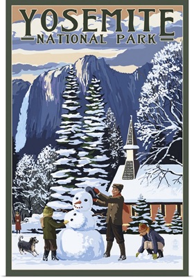 Yosemite Chapel and Snowman - Yosemite National Park, California: Retro Travel Poster