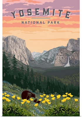 Yosemite National Park, Bears In Wildflowers: Retro Travel Poster