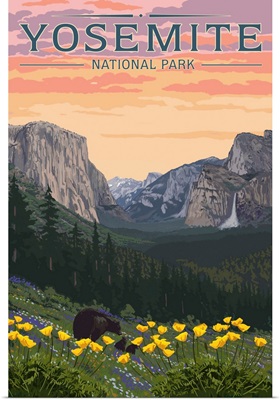 Yosemite National Park, Bears In Wildflowers: Retro Travel Poster