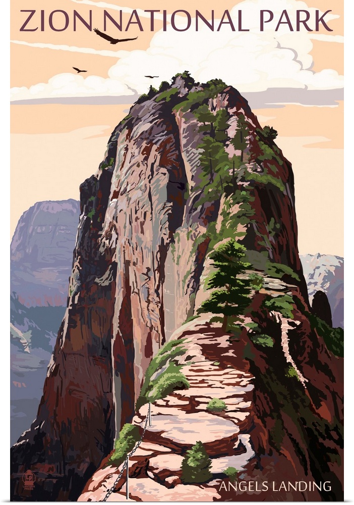 Zion National Park - Angels Landing and Condors: Retro Travel Poster