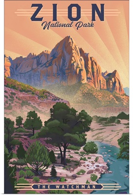 Zion National Park, The Watchman: Retro Travel Poster
