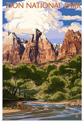 Zion National Park - Virgin River and Peaks: Retro Travel Poster