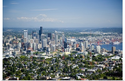 Downtown Seattle skyline, Mt. Rainier, WA, USA - Aerial Photograph