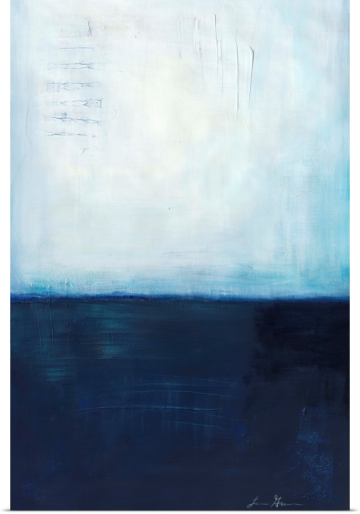 Contemporary abstract painting using dark blue and light blue colors meeting almost in the middle to create a colorfield.