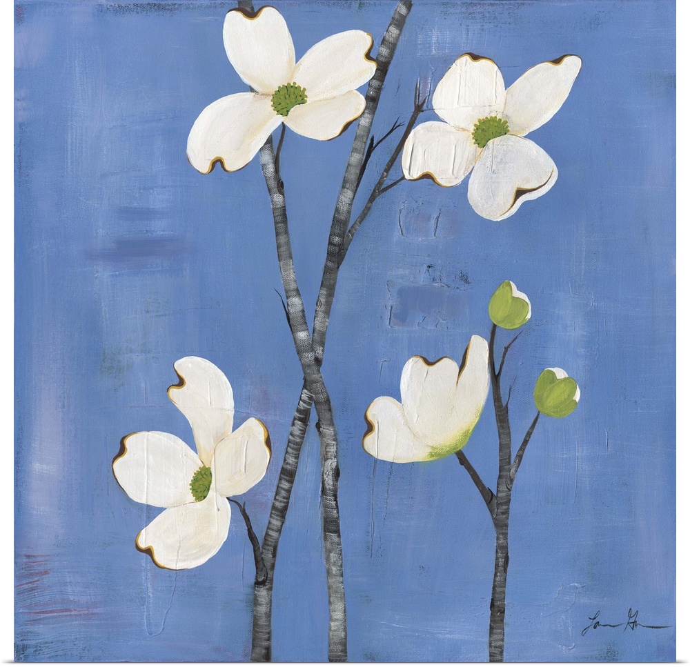 Contemporary painting of dogwood flowers against a blue background.