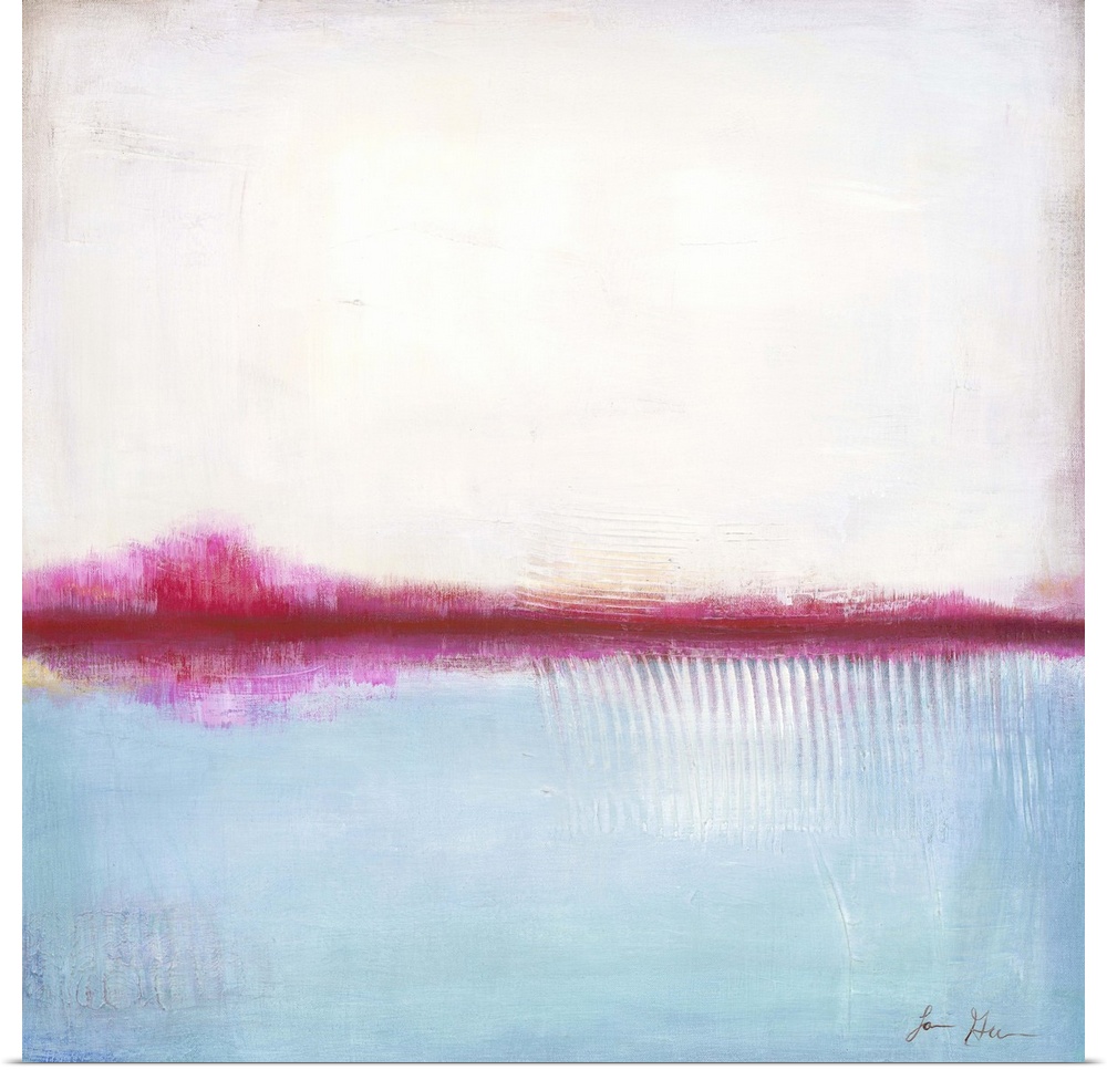 Square, abstract painting featuring large blocks of color in white and light blue with pink accents