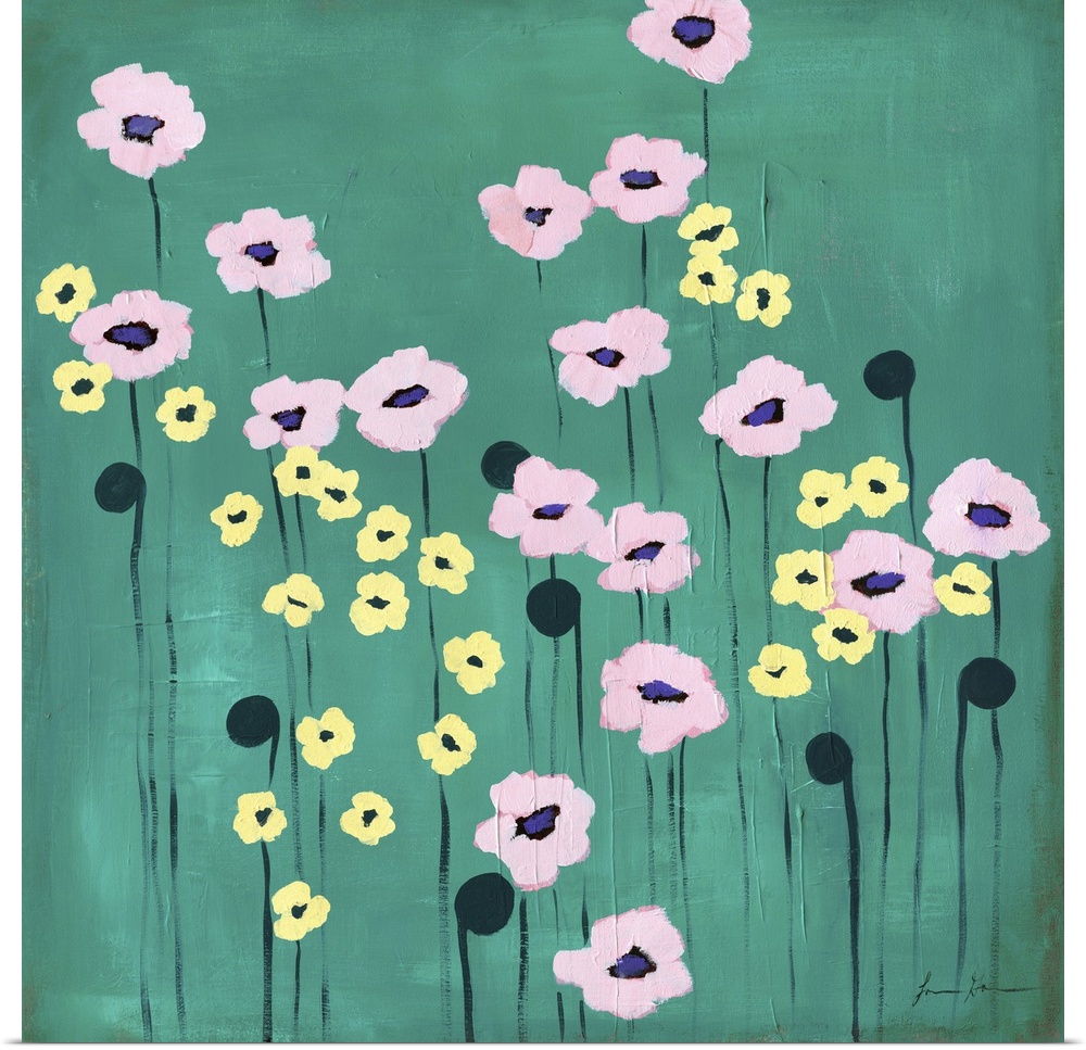 Contemporary painting of pink and yellow flowers against a green background.