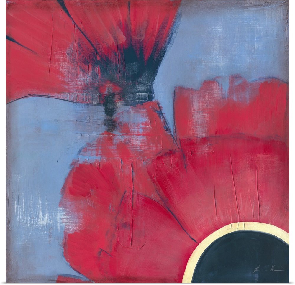 Contemporary painting of red poppies seen very close-up against a blue background.