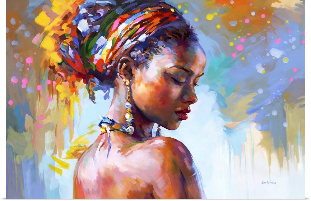 This contemporary artwork showcases a compelling colorful portrait of an African woman, her grace highlighted by the vibra...