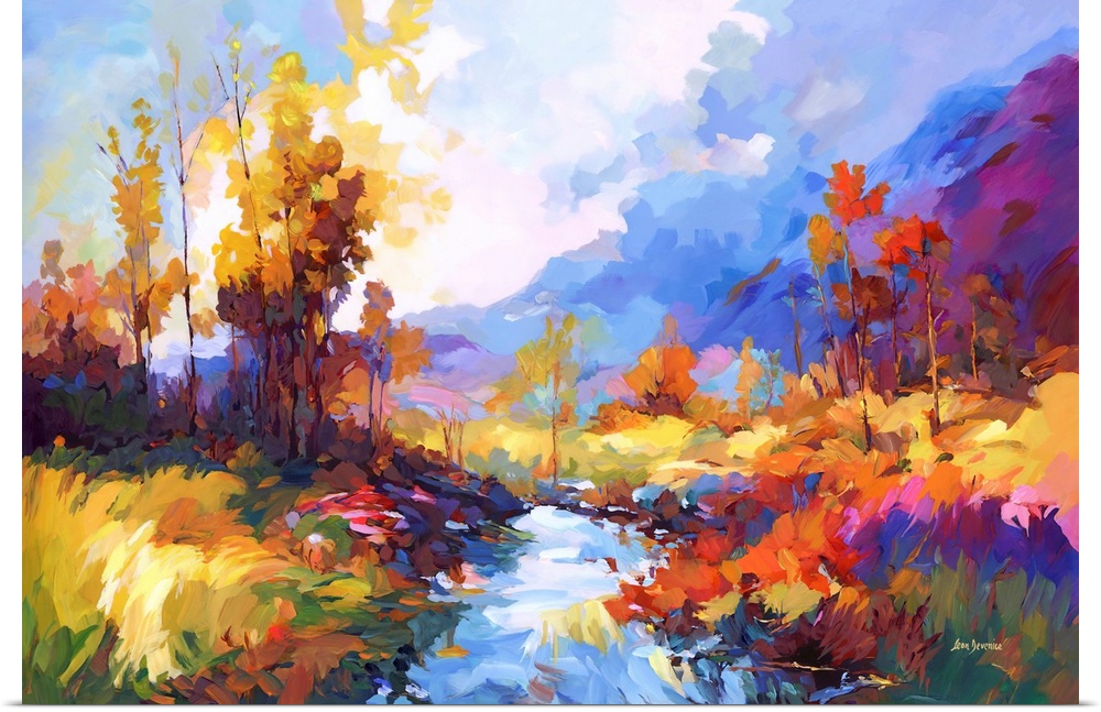 A contemporary impressionistic landscape that brings to life an autumnal riverside scene, vibrant with a spectrum of fall ...