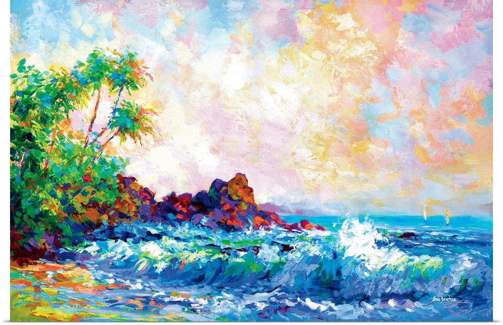A vibrant and colorful contemporary painting of beach waves with tropical palm trees in Honolulu Hawaii.