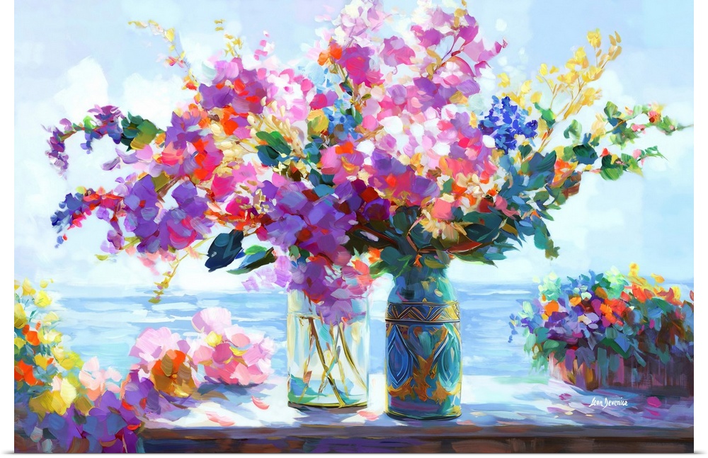 In this impressionistic piece, two vases filled with an abundance of colorful flowers sit against the backdrop of a gentle...