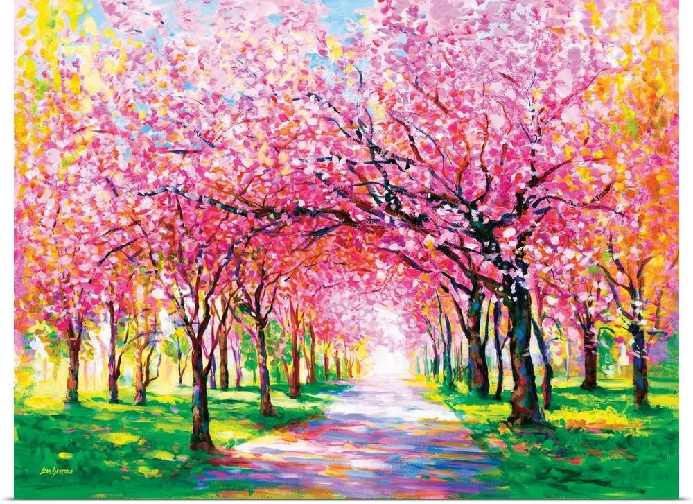 Contemporary painting of an illuminated park path lined with vibrant pink cherry blossom trees. The impressionistic artwor...