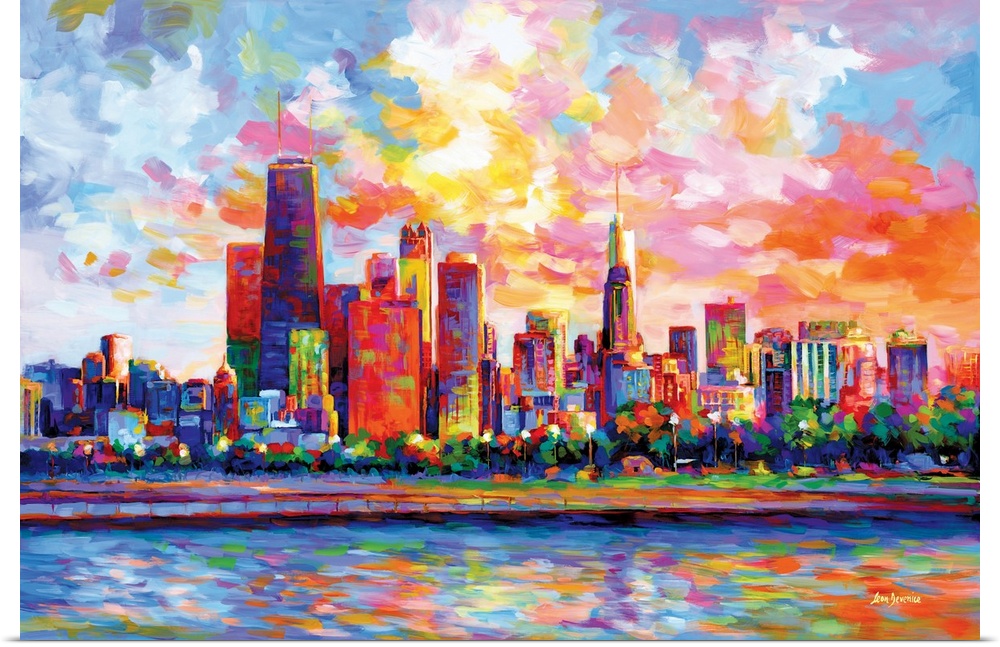 Vibrant and colorful contemporary painting of the Chicago Skyline in the style of modern impressionism.