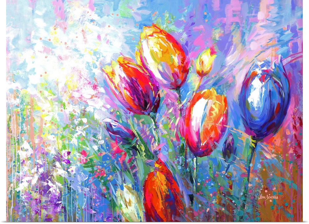 This contemporary artwork bursts with the abstract beauty of colorful tulips and wildflowers, a vivid floral array that br...
