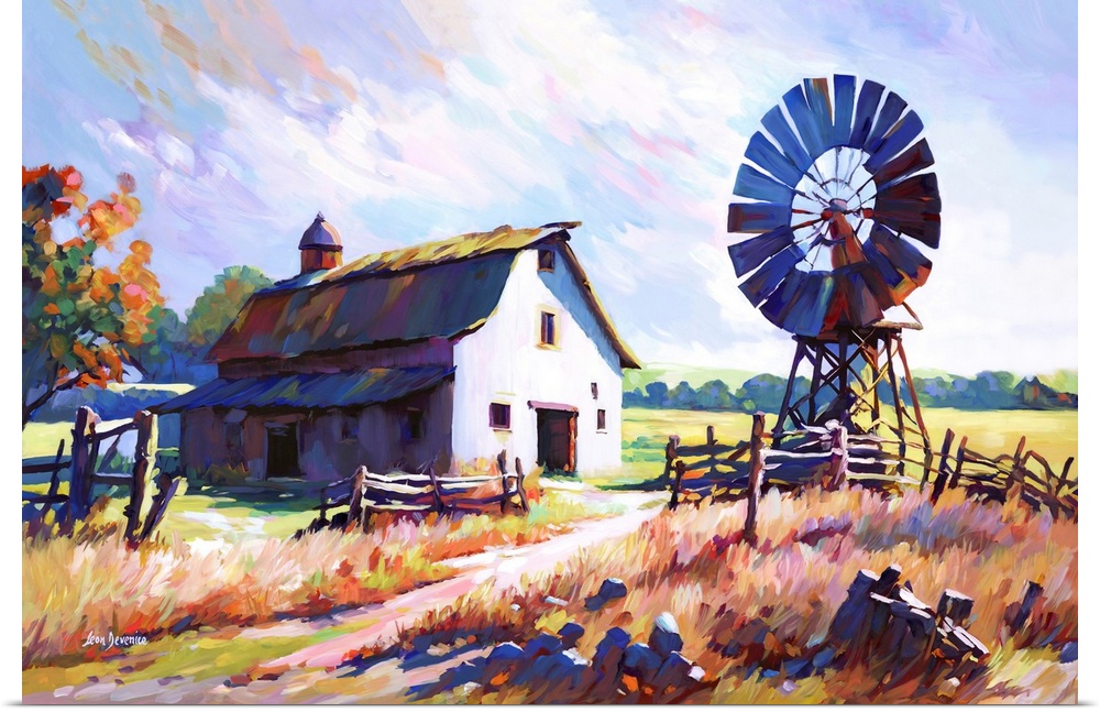This impressionistic landscape of a farmhouse and windmill set amidst the golden fields of the countryside evokes a sense ...