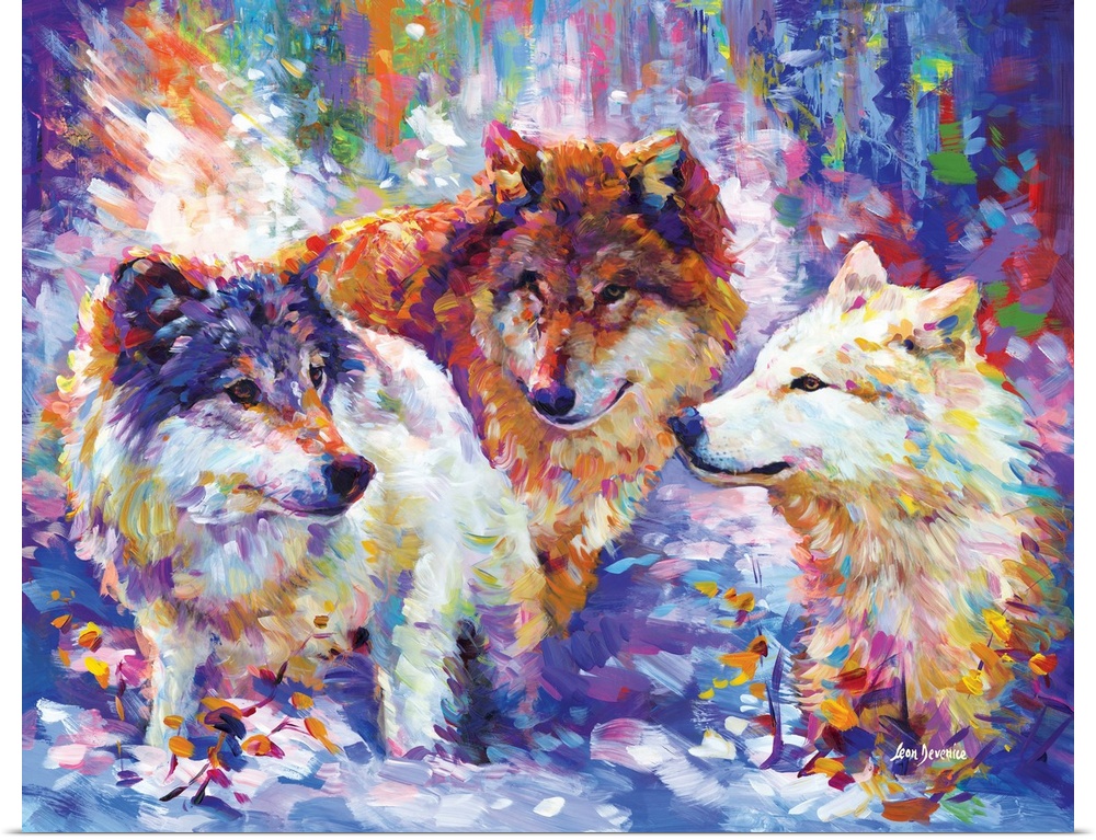 Vibrant contemporary painting of three colorful wolves in a snowy winter forest in the style of impressionism.