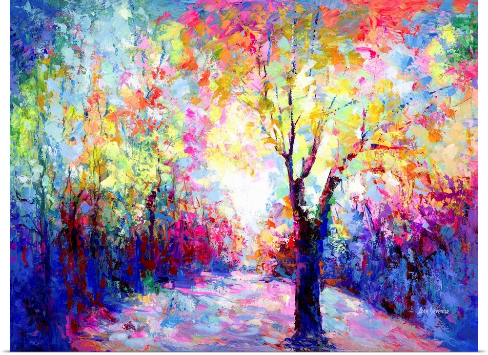 Contemporary painting of a path leading through an enchanting landscape forest.