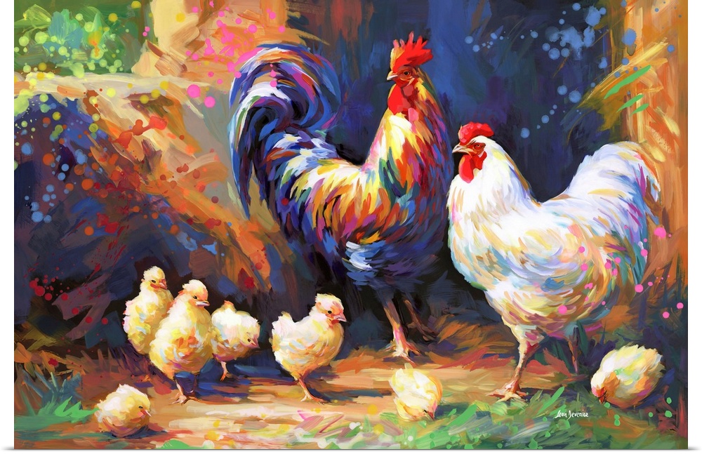 This contemporary impressionistic artwork vividly portrays a farmyard scene, capturing a colorful rooster, hen, and their ...