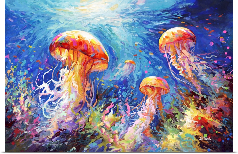 This contemporary impressionistic piece captures the ethereal beauty of jellyfish gliding through the ocean's depths, surr...