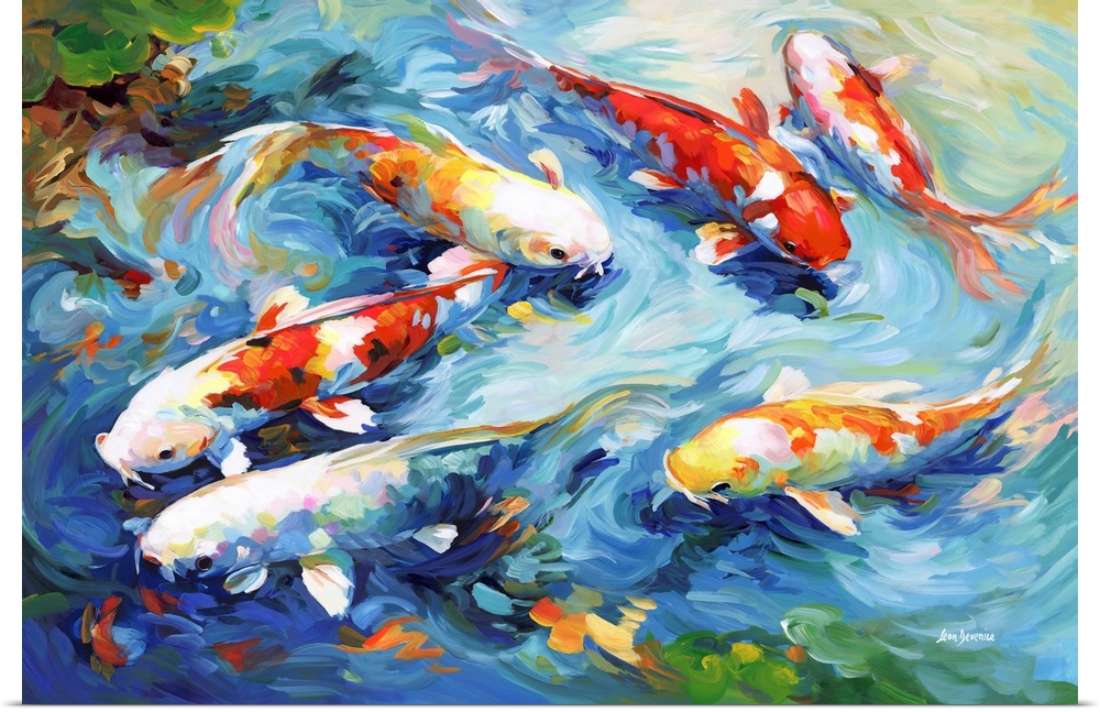 This contemporary artwork beautifully captures a group of colorful koi fish gracefully gliding through water, with vibrant...