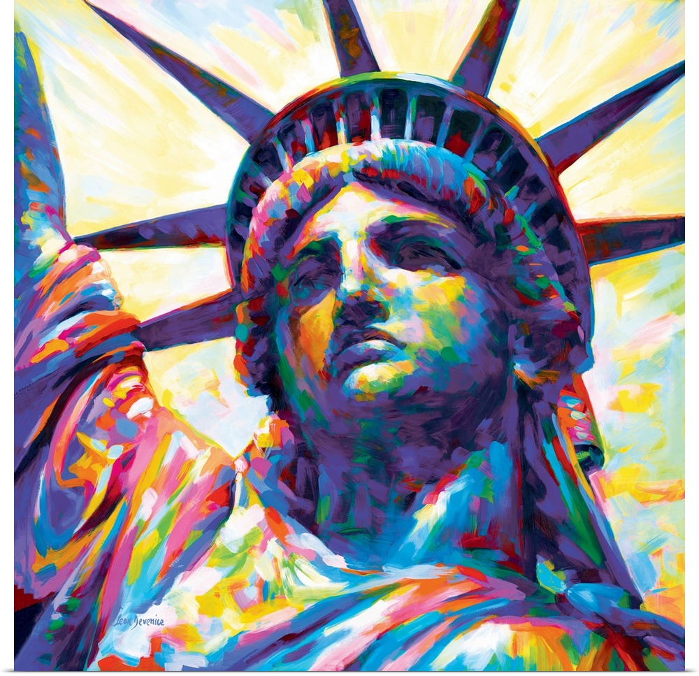 Vibrant and colorful close-up portrait painting of the Statue of Liberty in New York City.
