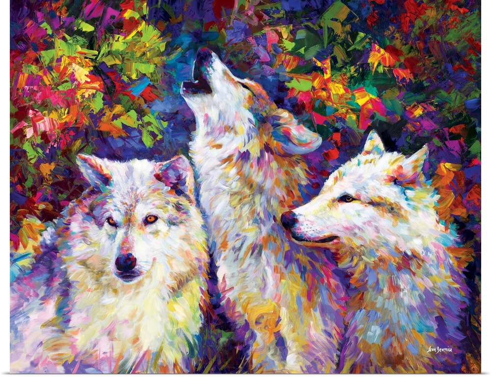 Vibrant contemporary painting of three colorful wolves in the forest in the style of impressionism.