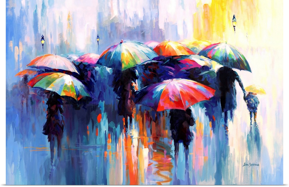 This vibrant, contemporary artwork captures a bustling city scene under the rain, where people clutching colorful umbrella...