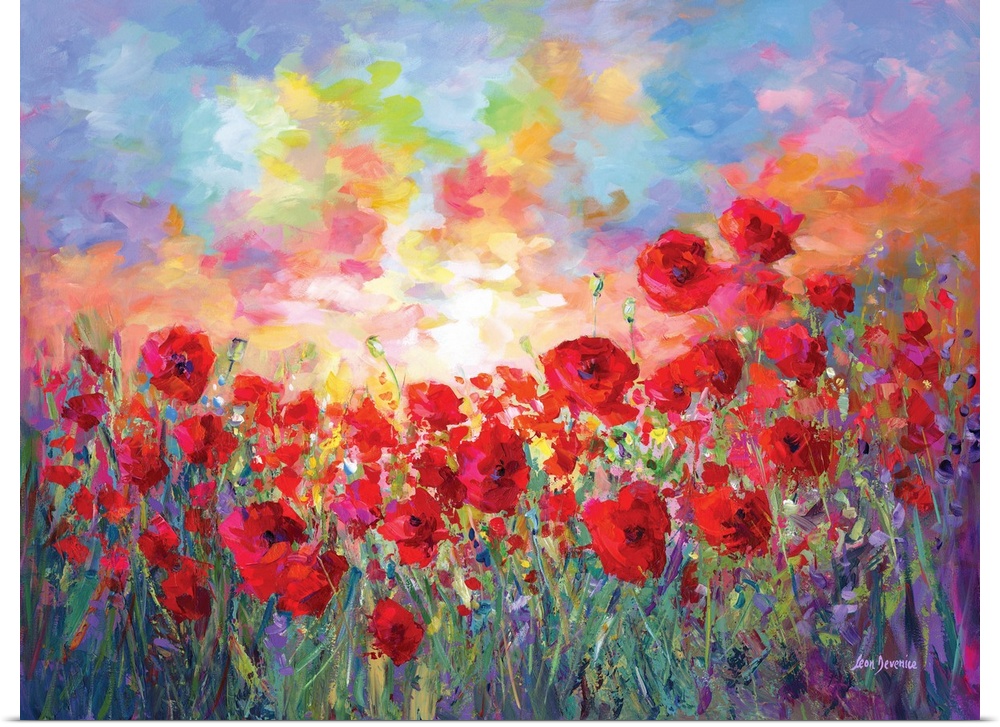 Vibrant red poppies glow in this modern contemporary painting. The impressionistic brushstrokes capture the beauty of popp...