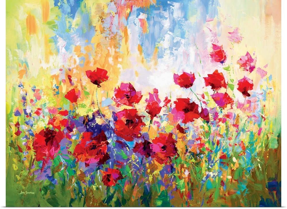 Contemporary painting of a vibrant poppy field. The red petals contrast beautifully against the colorful abstract blooms. ...