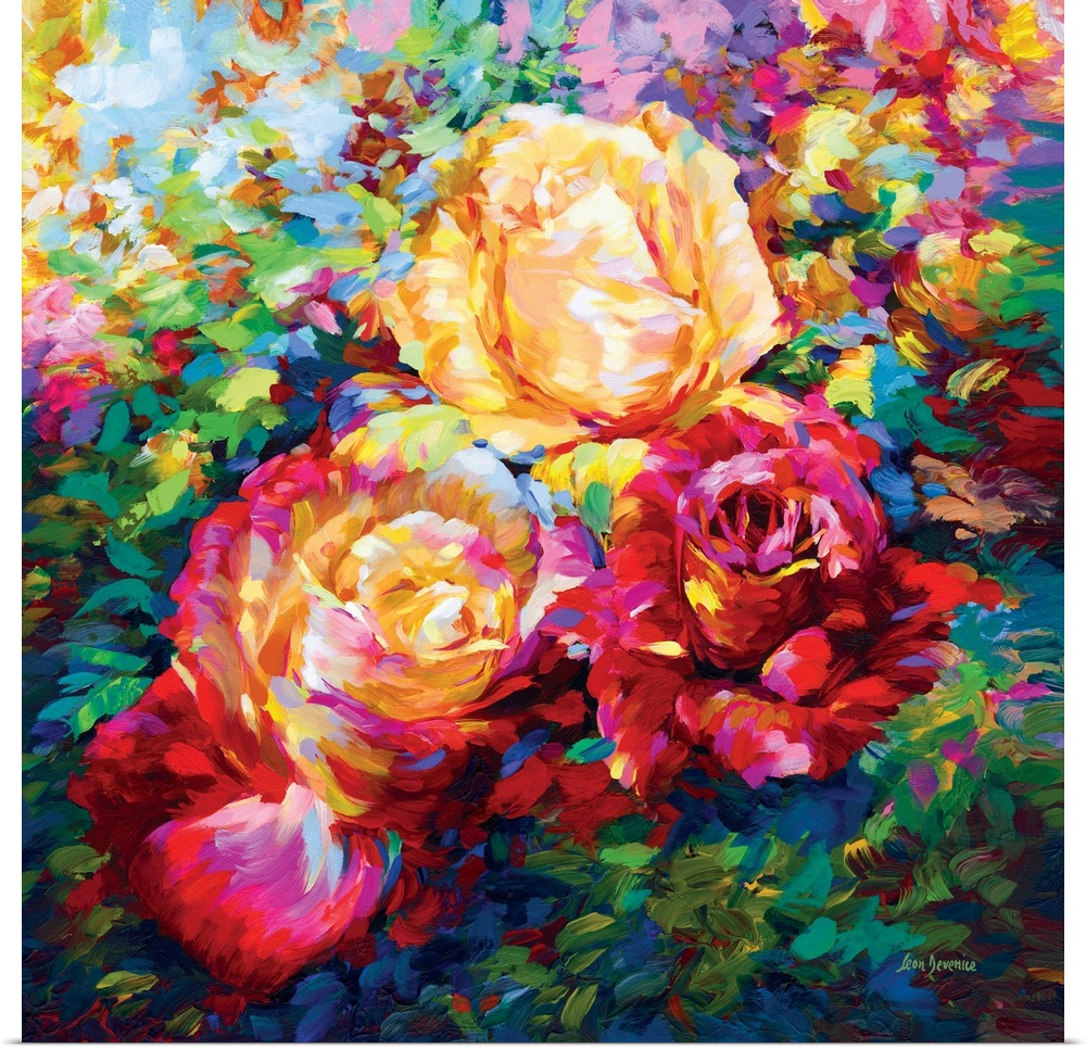 A vibrant and colorful contemporary painting of roses.