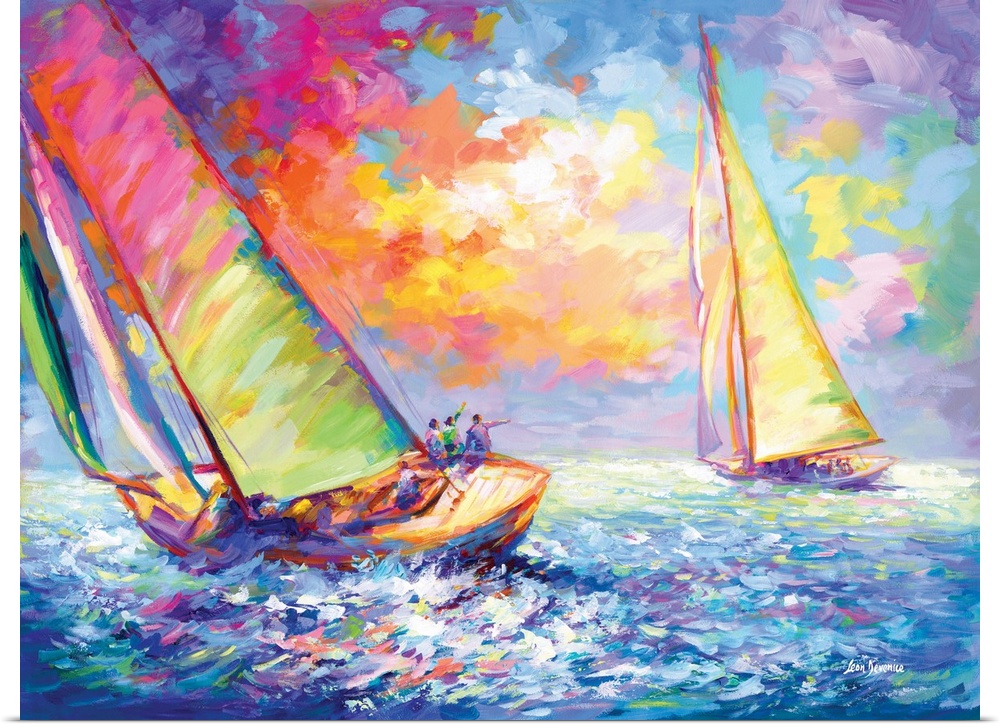 A vibrant and colorful painting of two luxury yachts sailing through the waves at sea in the style of contemporary impress...