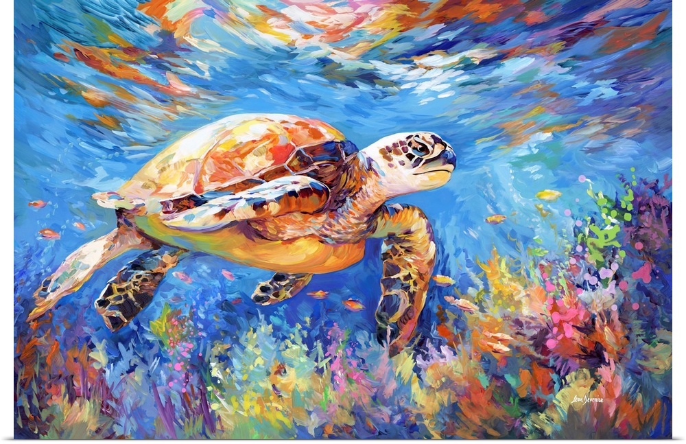 This contemporary artwork captures a sea turtle gliding through the ocean's depths, its form accentuated by the vivid hues...