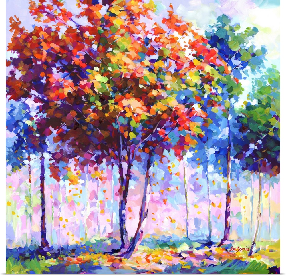 This contemporary landscape portrays a colorful array of trees, each one a harmony of colors, coming together to form a li...